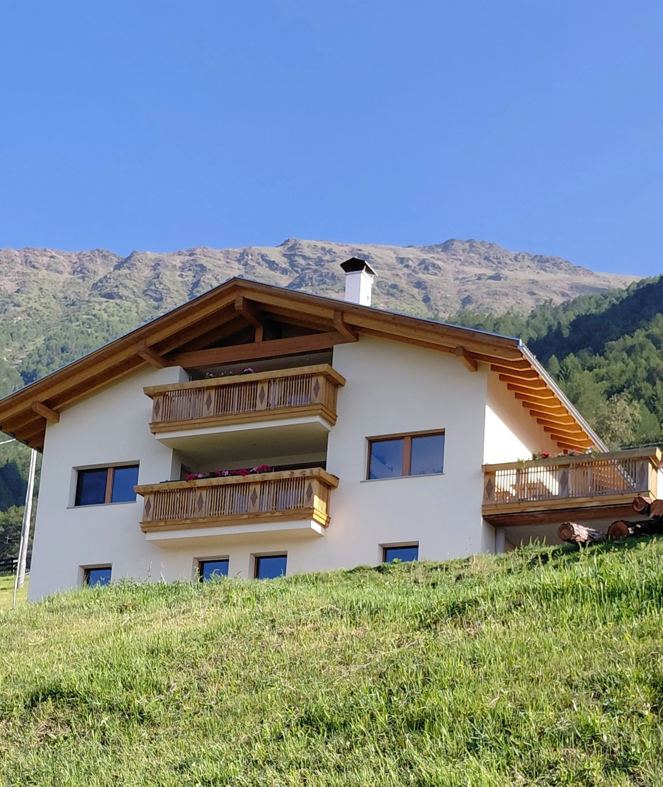Bergbauernhof inmitten grüner Wiesen über dem Vinschgau